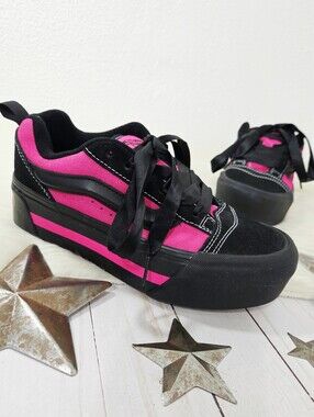 Vans Knu Skool Stack Vintage Satin Black Pink skater shoes sneakers women's 7